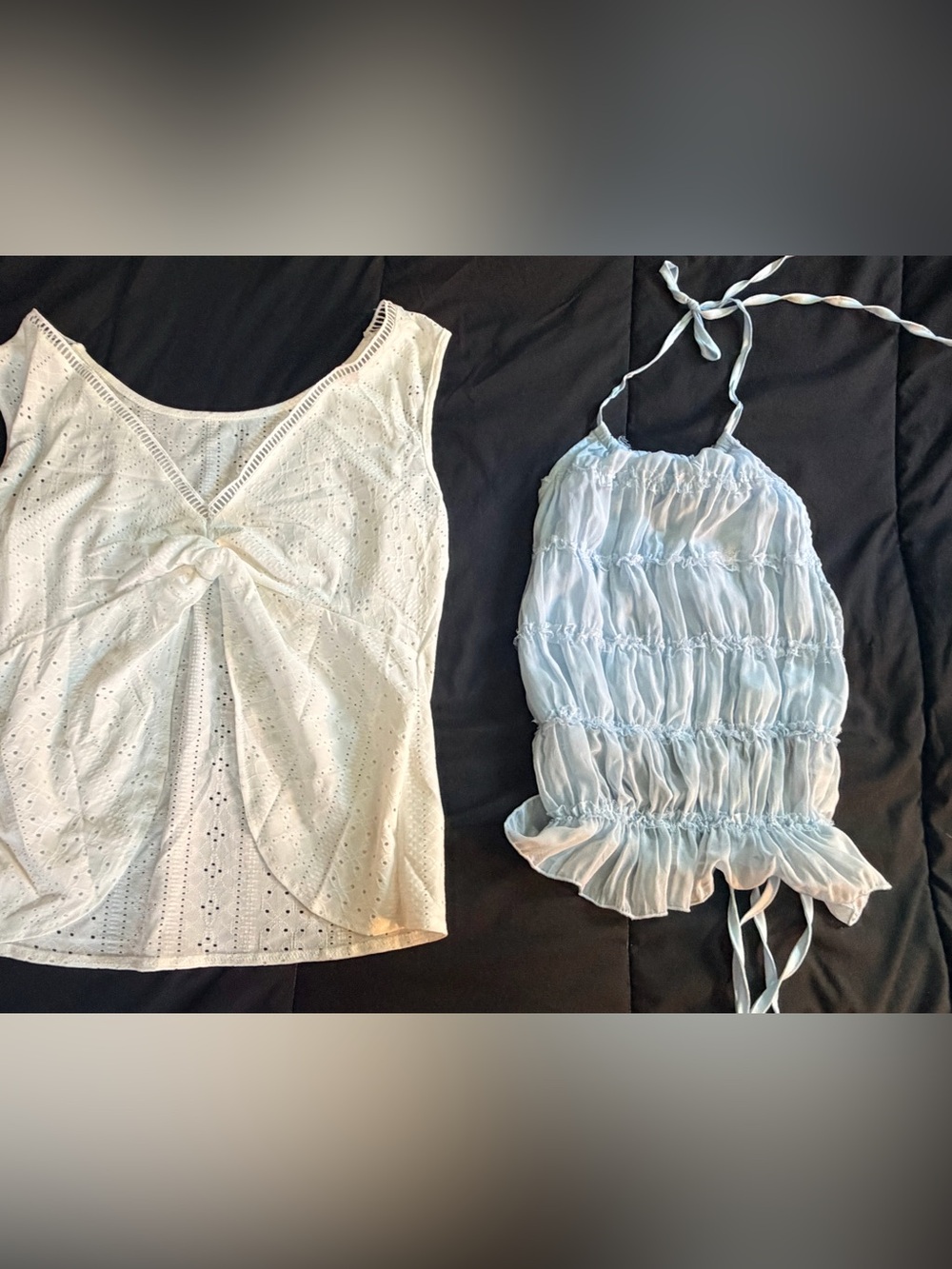 Light Blue Ruched Halter Tank Top and White Tank Bundle Women